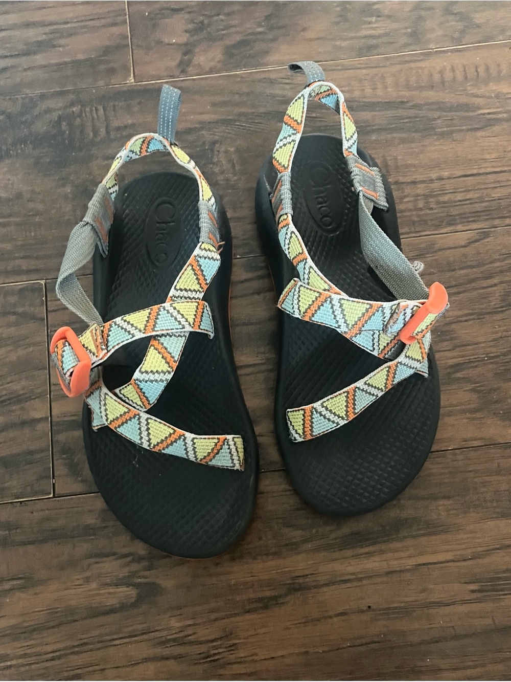 Chaco Kids Black Sandals with Pastel Geometric Straps and Orange Buckles
